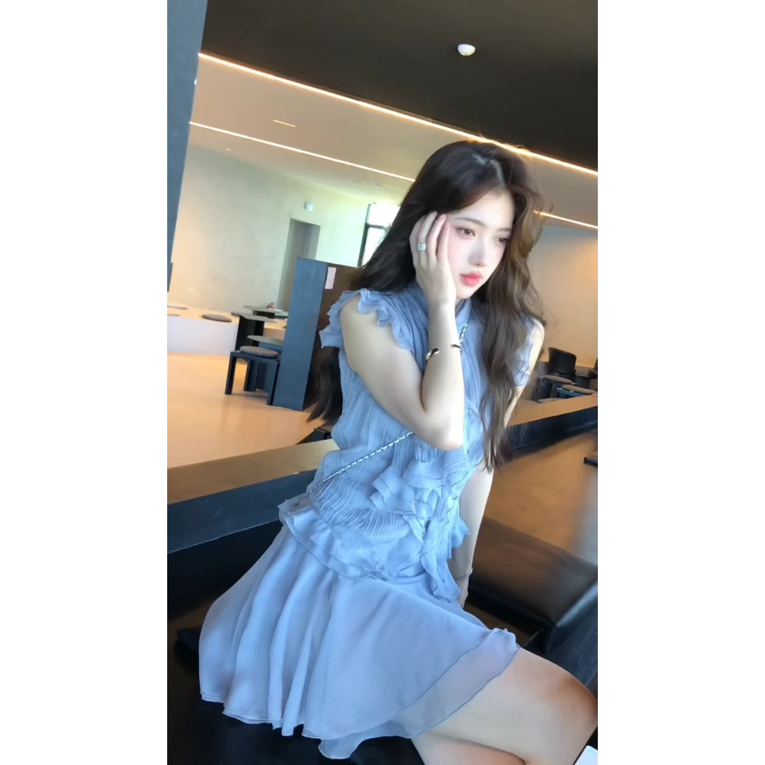 parkyeon法式高级感飞飞袖气质上衣女夏季高腰显瘦百搭短裙套装