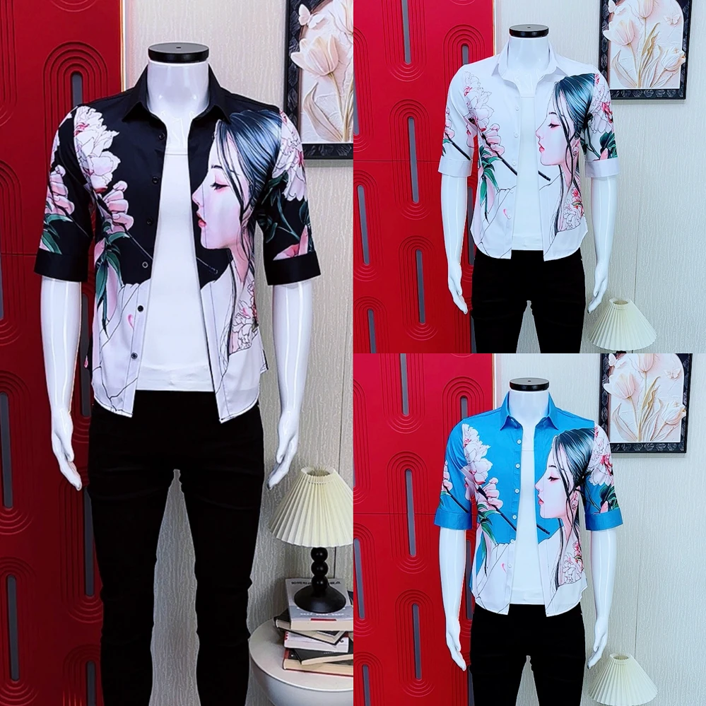 潮男夏季新款短袖百搭时尚个性人物印花衬衫男士修身薄款情侣衬衣