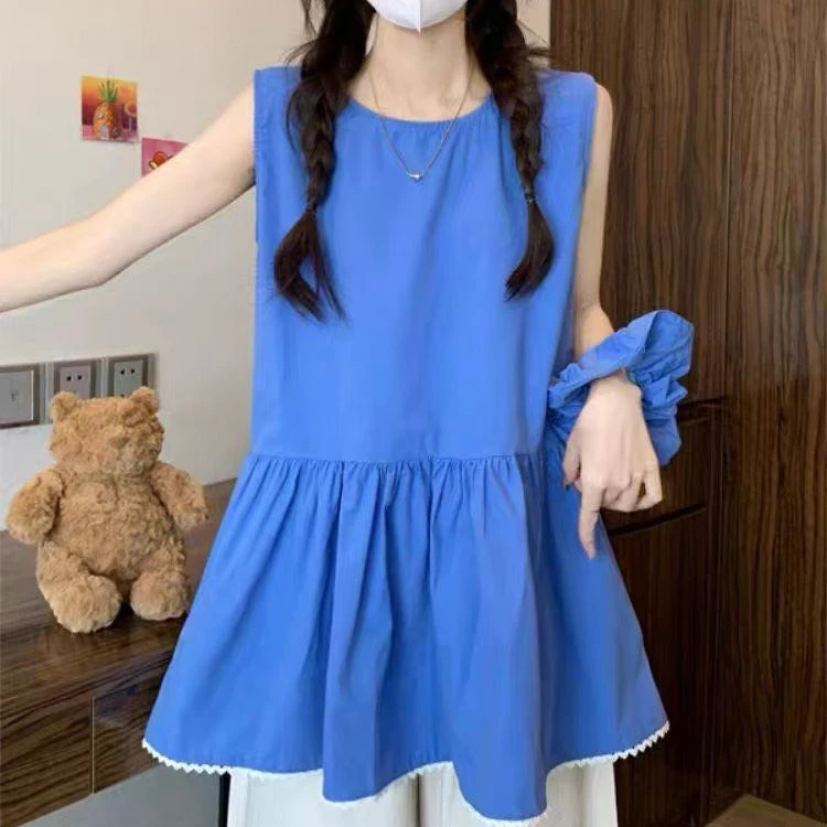 NICE圈圈、蕾丝边裙摆设计简约纯色头花款背心裙衬衫A901