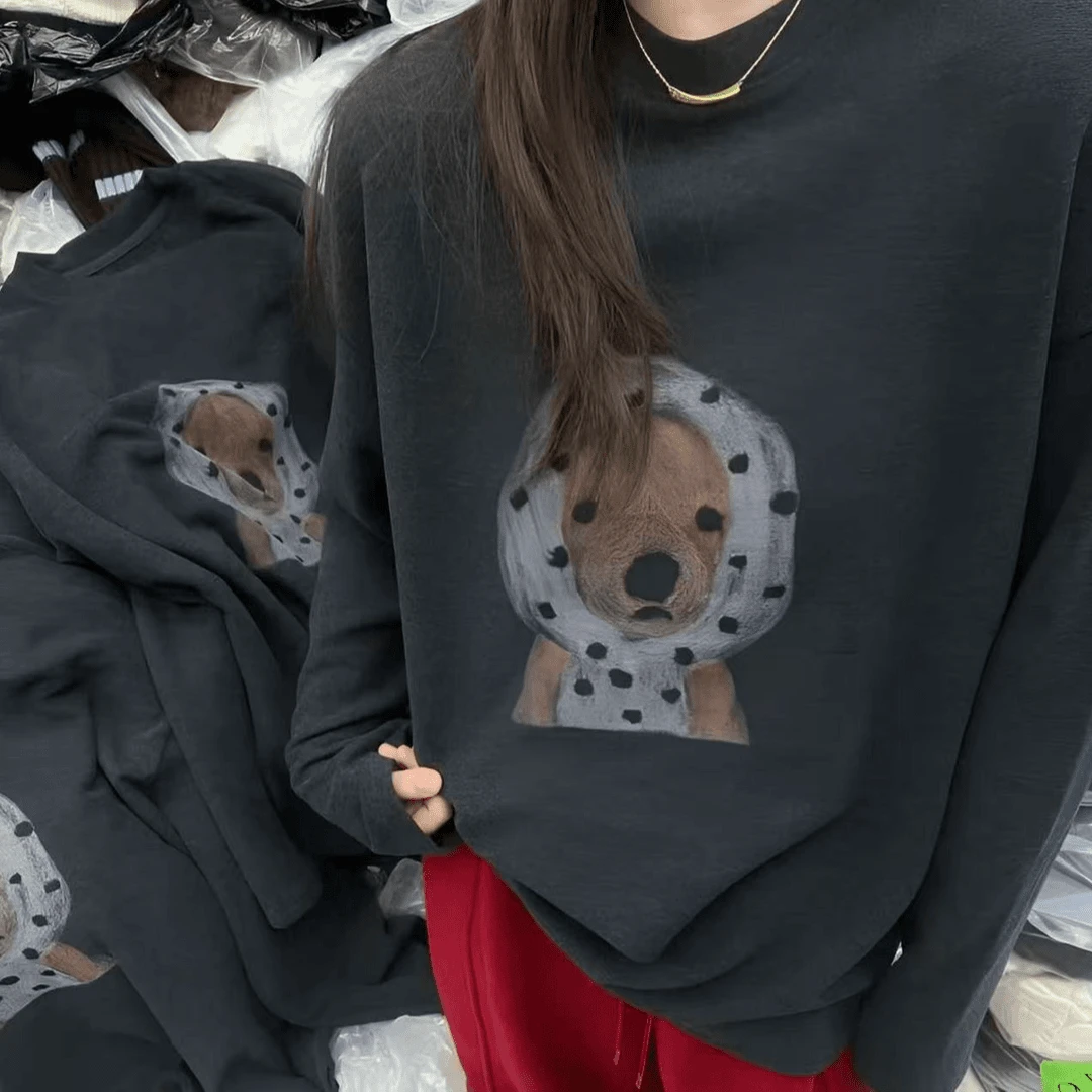 头巾小狗#磨毛卡通风小狗圆领套头长袖秋冬宽松印花打底衫T恤上衣