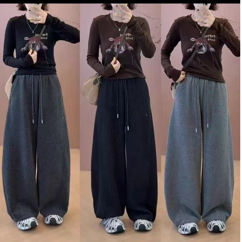 正版原版+高货品质】羊绒毛呢冬加绒加厚阔腿裤女高腰垂感弯刀裤