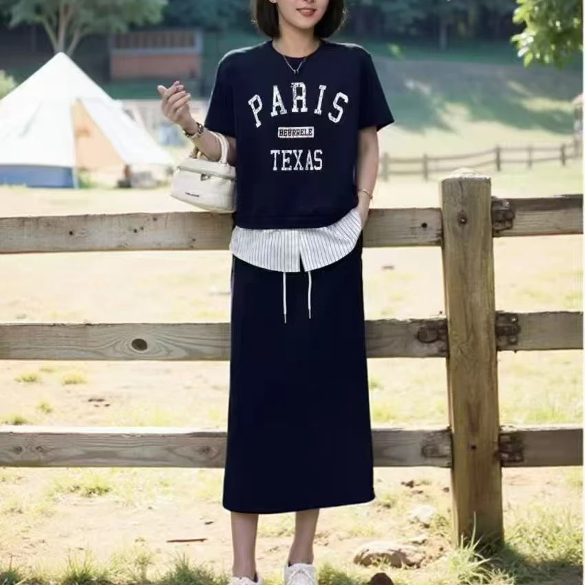 【太阳花】假两件拼色套裙女夏季2025新款显瘦复古休闲网红气质套装