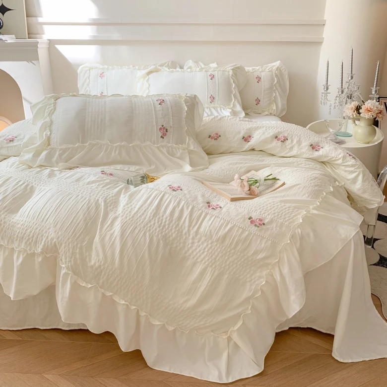 泡泡纱水洗棉床上四件套公主风少女心裸睡单人三件套被套四季通用