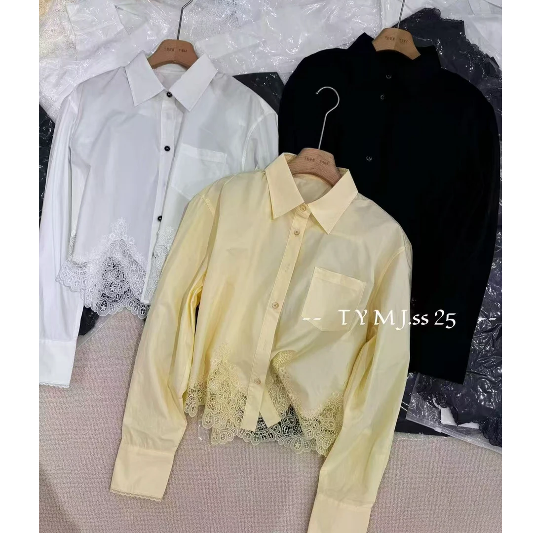 【no退no换 谨慎下单】设计感下摆蕾丝拼接翻领长袖衬衫 W25077
