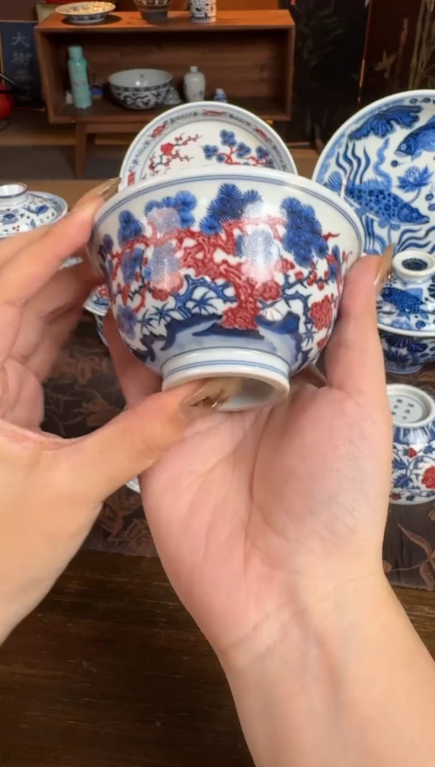 杯子片云晚谷青花釉里红松竹梅大压手杯