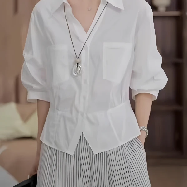 高级感白色五分袖雪纺衬衫女夏2025新款大码胖MM显瘦收腰气质衬衣