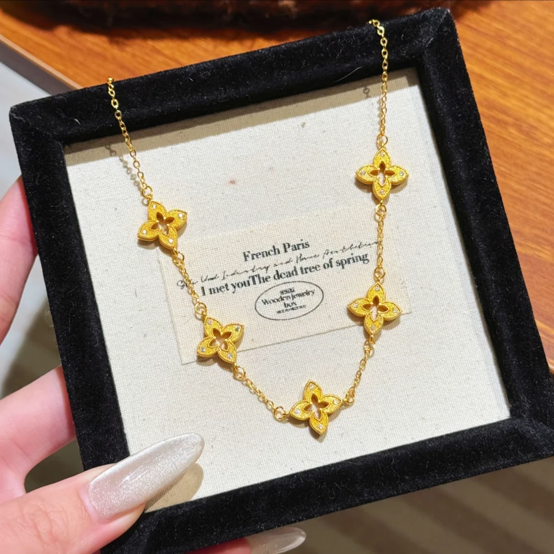 铜合金项链 经典爆闪拉丝四叶草项链女款精致时尚百搭不掉色坠链