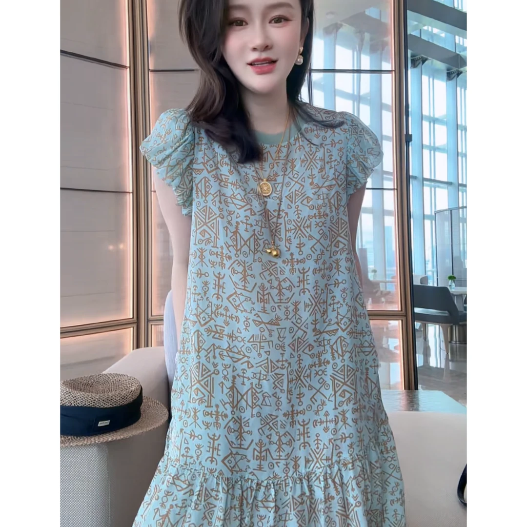 【丝芙玉禄】(S390)真丝圆领符号印花气质桑蚕丝女装连衣裙