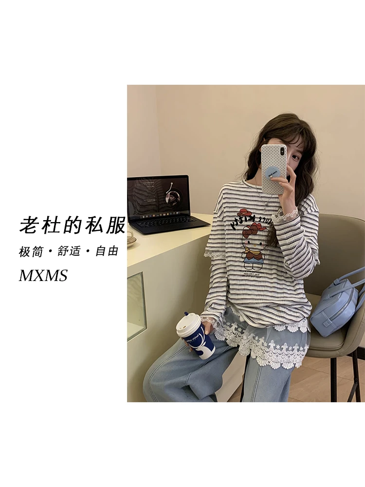 （麦欢尼）251212-“蝴蝶结猫"休闲运动假两件条纹圆领卫衣