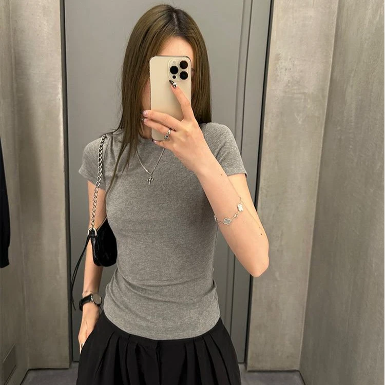 早春季正肩圆领短袖t恤女韩版夏辣妹装收腰显瘦百搭纯色打底上衣