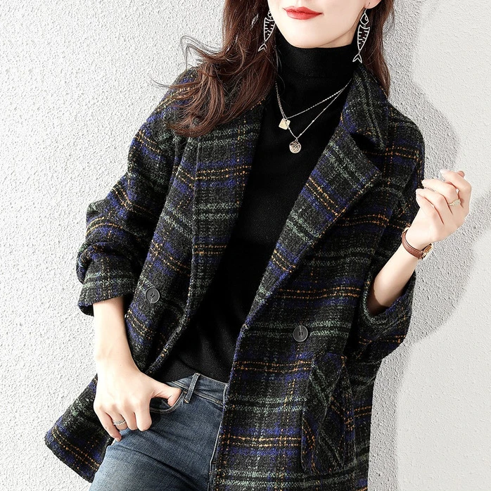 职业阿玛诗官2025秋冬新款时尚复古翻领格子毛呢中长款大衣外套女