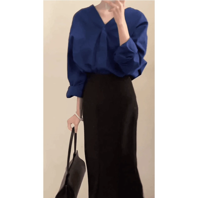 MARIE.COCO 早春新款韩系轻熟风气质蓝色长袖衬衫女半身裙两件套