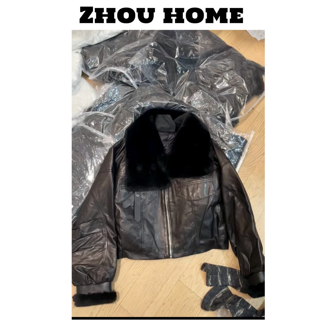 【周周服饰】真皮皮衣短款小个子皮毛一体鹅绒羽绒服女冬新款