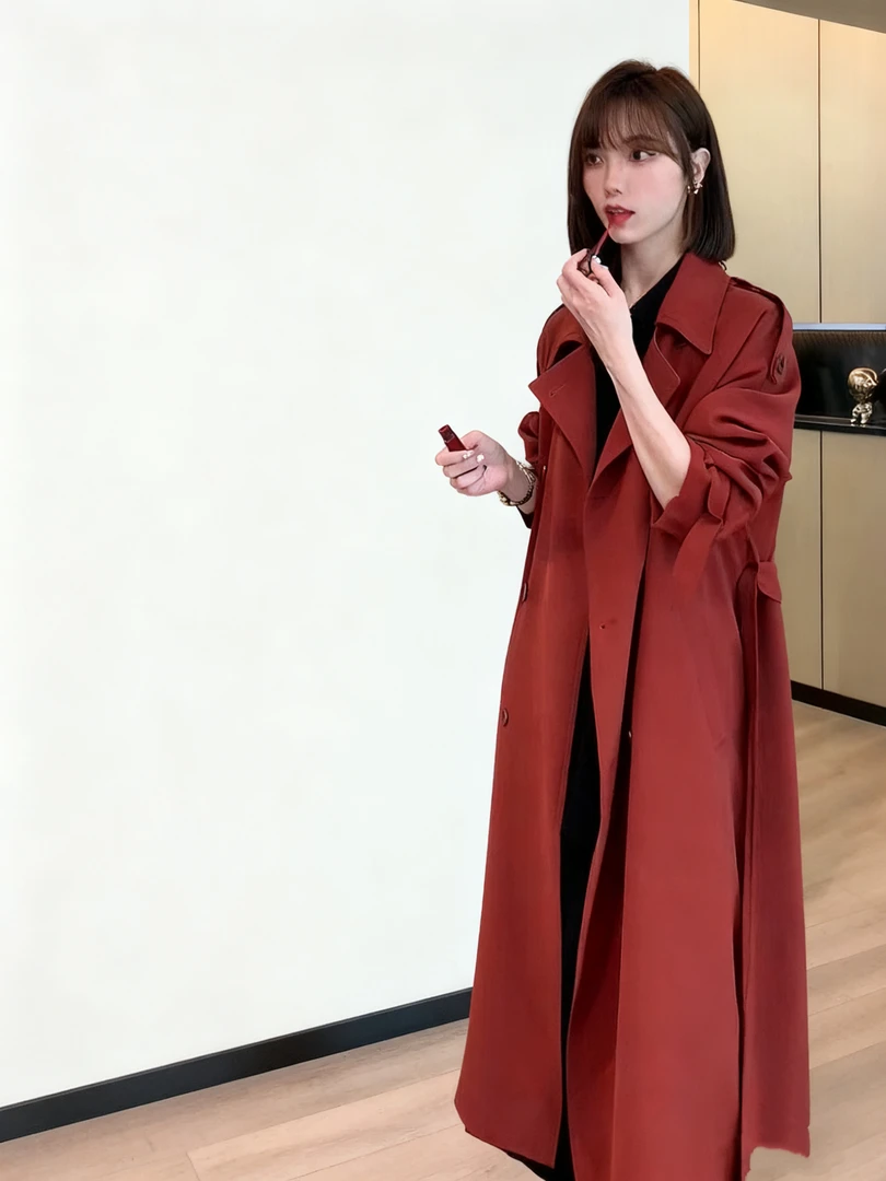 宽松小个子大码秋季风衣中长款红色过膝短款百搭洋气枫叶红送腰带