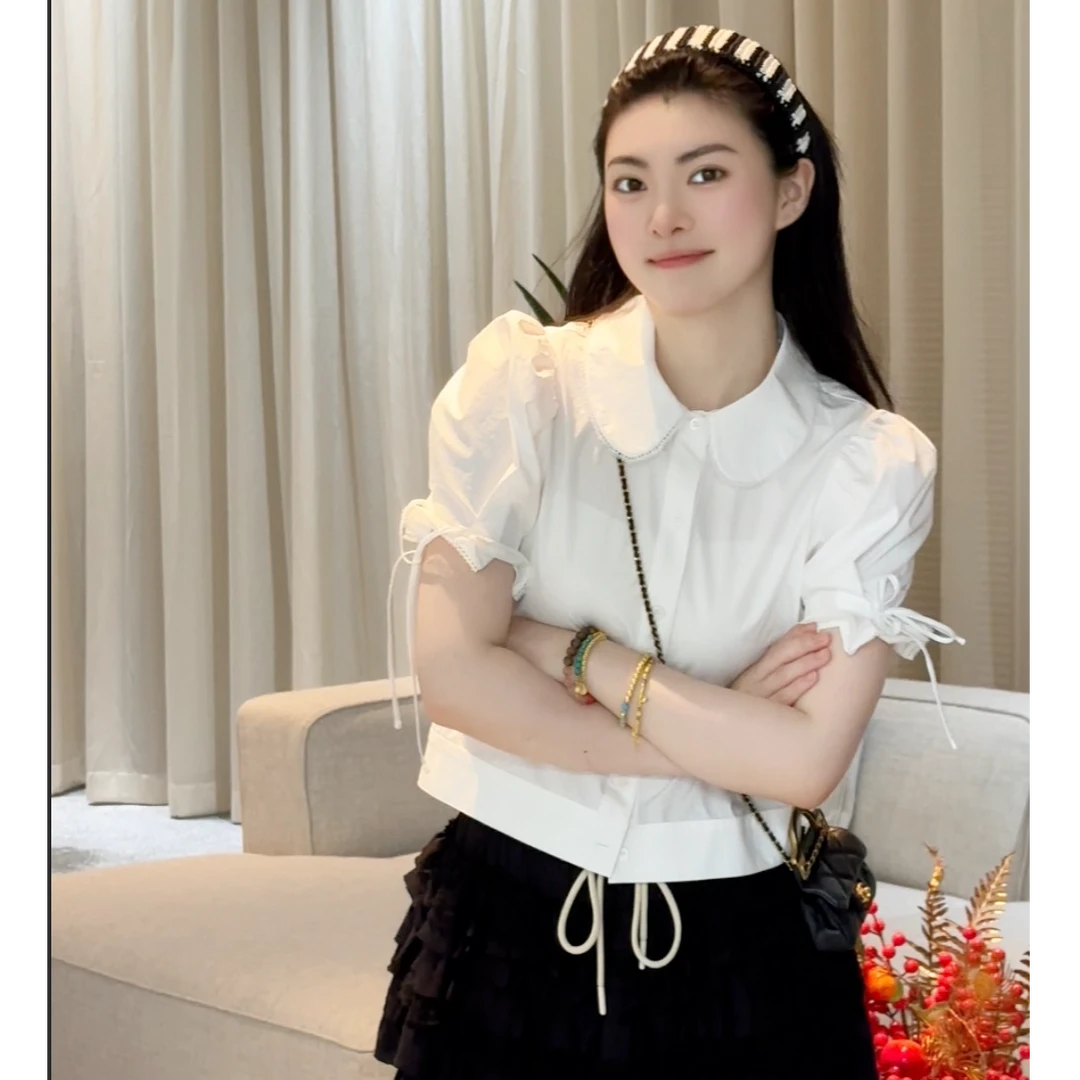 PM王囡囡 白色娃娃领花边短袖衬衫 ND1B0792