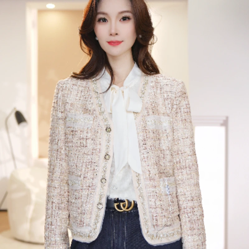 2024新款法式小香羊毛混纺粗花呢浪漫流苏花边V领女外套