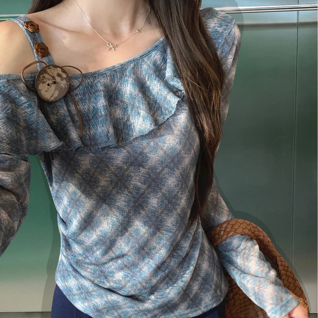 韩系荷叶边长袖上衣衬衫2025秋季新款甜辣妹别致短款小衫