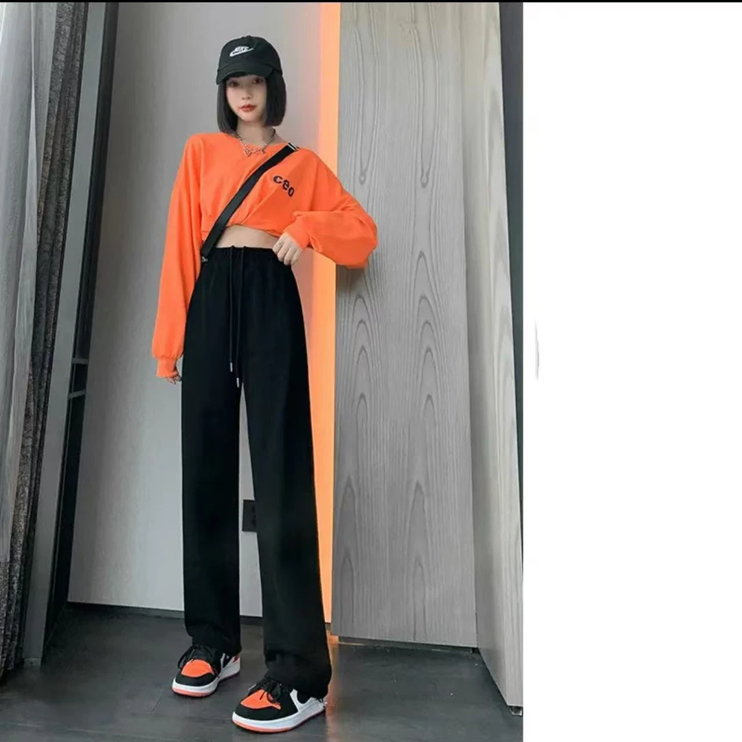 7658-（黑色羔绒313）特厚直筒束脚卫裤