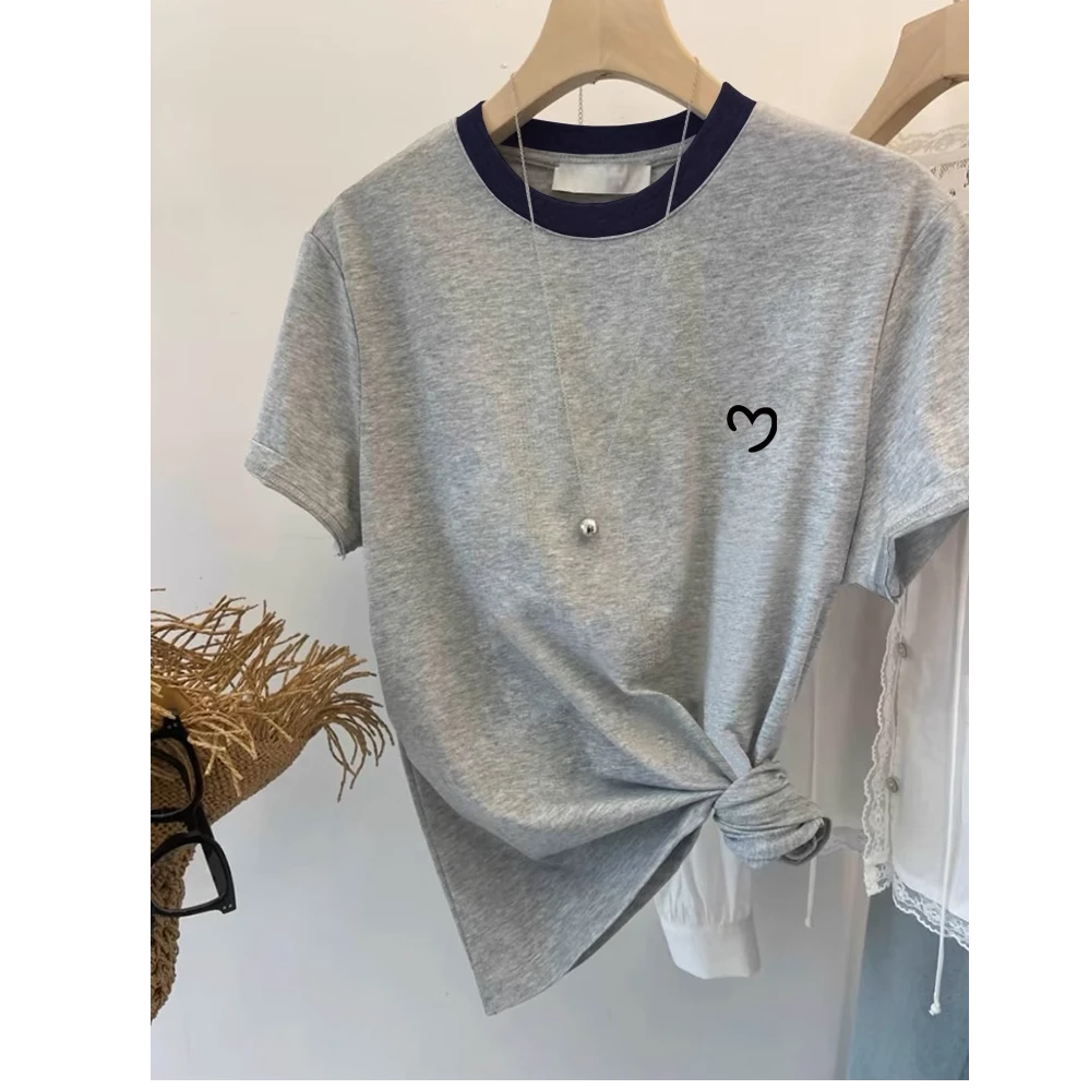 2025新款正肩拼色纯棉短袖t恤女设计感小众时尚百搭洋气上衣夏季