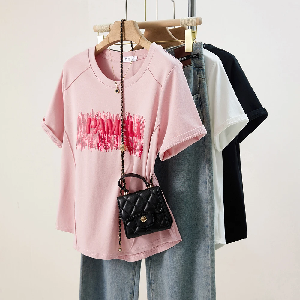 大码显瘦鱼骨正肩短袖T恤女夏季2025年新款遮肉百搭印花上衣