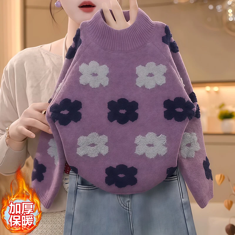 女童花朵加厚半高领毛衣2025新款秋冬内搭打底衫针织衫毛巾绣冬装