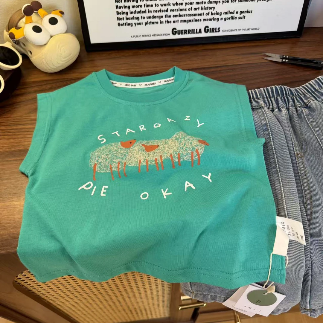 YM【JMJQ 20836】夏季韩版男女童可爱印花三只绵羊无袖背心