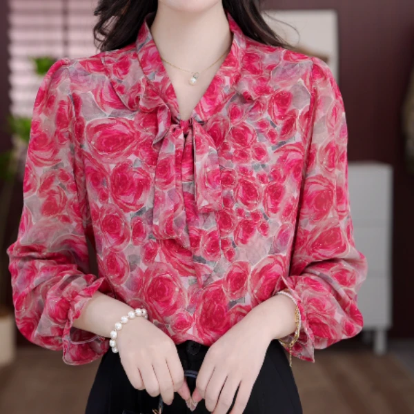 2025新款繁花似锦高级V领气质小衫套头衬衫洋气衣服时髦上衣打底