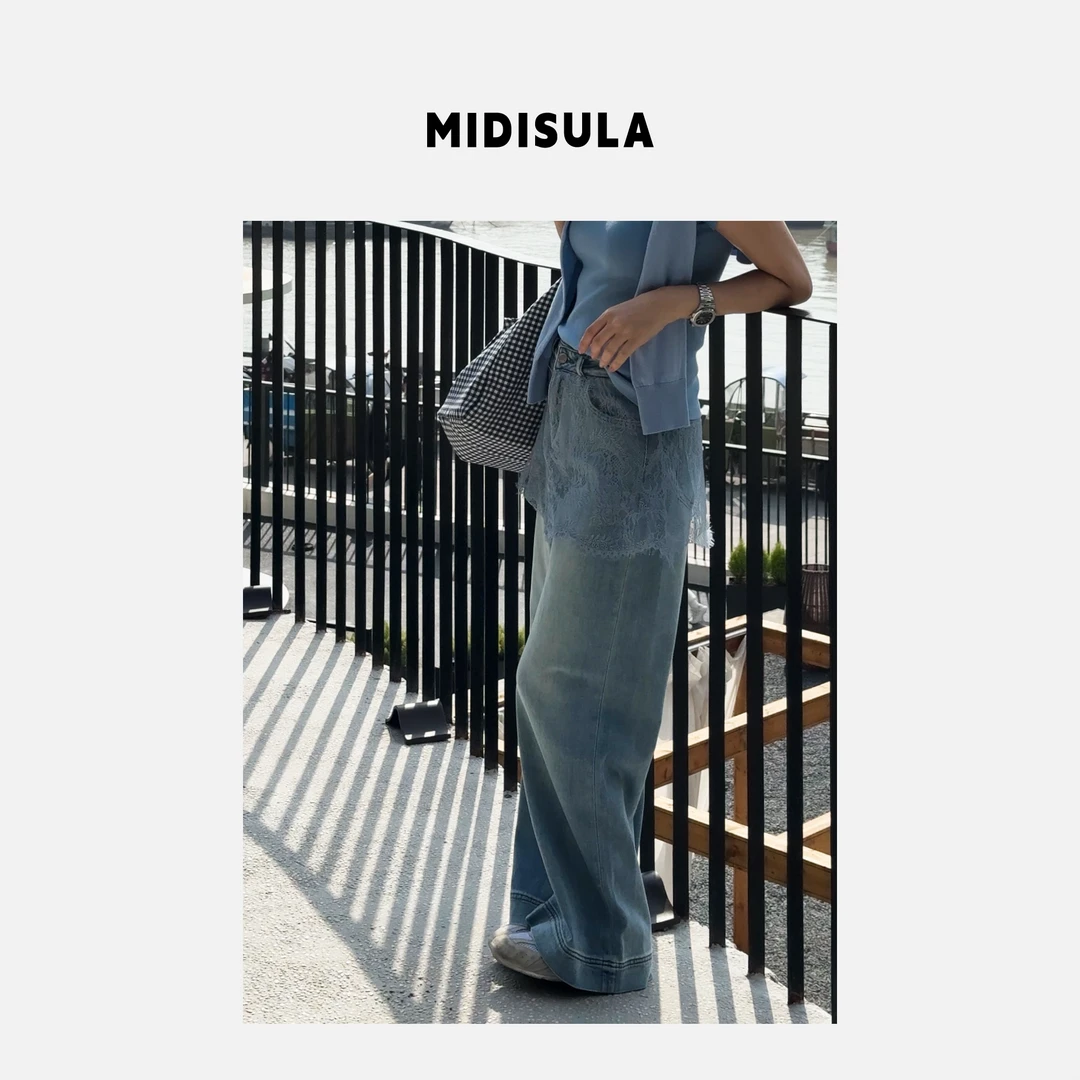 阿玉家&春夏新款水洗直筒裤蕾丝屁帘牛仔裤#0522