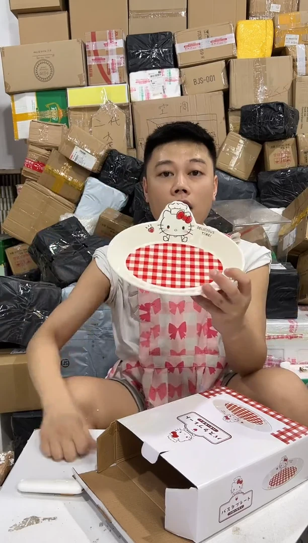 瓷片原盒kt猫红格子餐盘