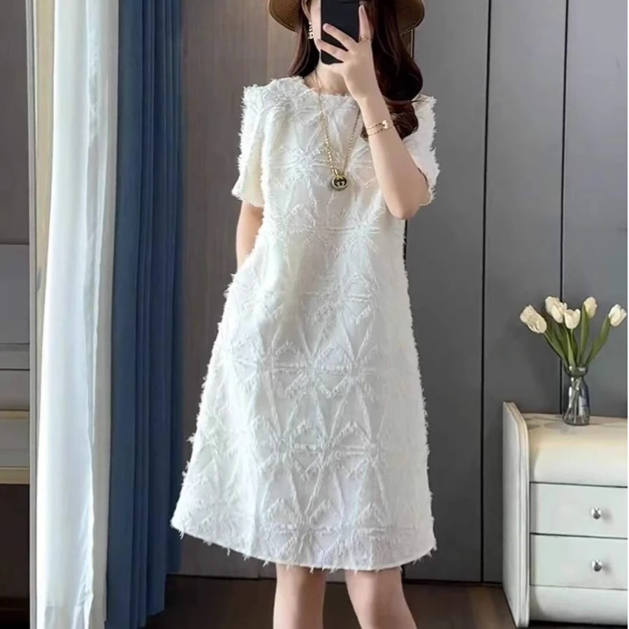 宽松气质连衣裙2025夏季新款圆领显瘦高级感法式减龄流苏短袖裙子