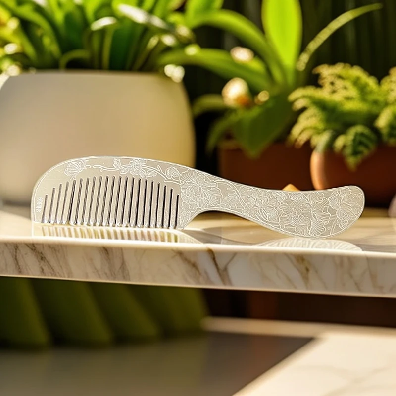 足银银制品 花开富贵银梳子 足银999时尚实心纯手工錾刻银制品