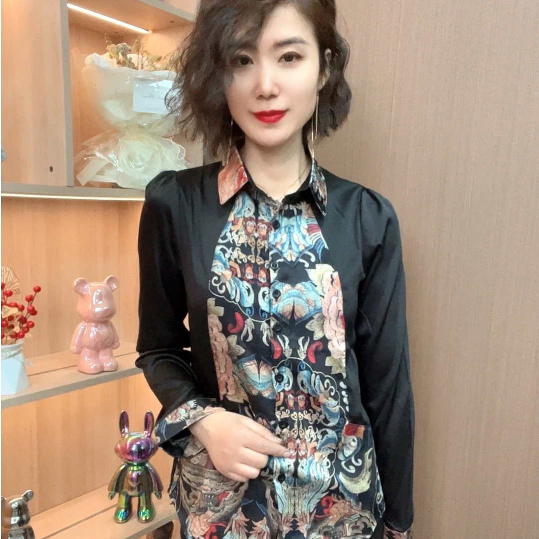 四季通用拼接亮丝立领修身型衬衫国风中式气质春季衬衣打底长袖