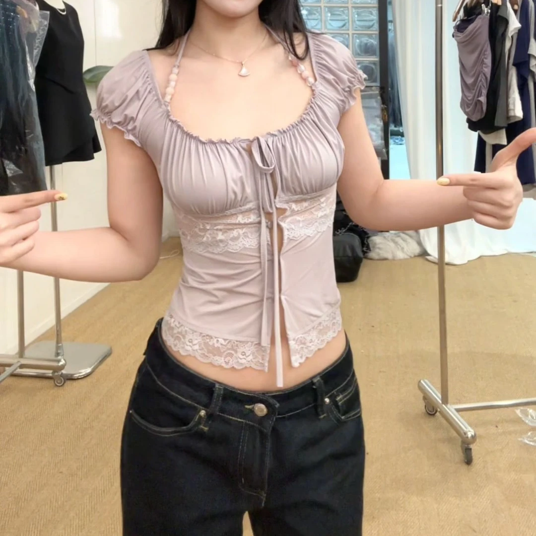 【米妮】“紫色串珠”法式蕾丝拼接串珠设计修身短袖上衣