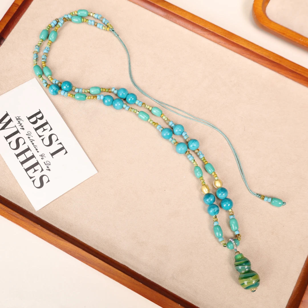 合金项链 LZ2839 绿色条纹老料葫芦清水蓝松松绳编琉璃项链