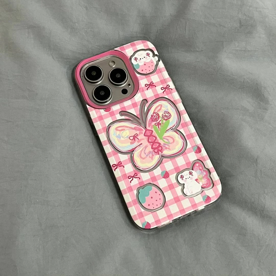 春日格纹蝴蝶适用苹果16手机壳iPhone13/15软11华为vivo小米oppo