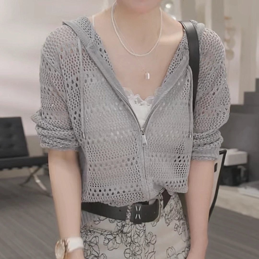 设计感拉链镂空长袖连帽针织开衫女2025春款时尚休闲气质连帽毛衣