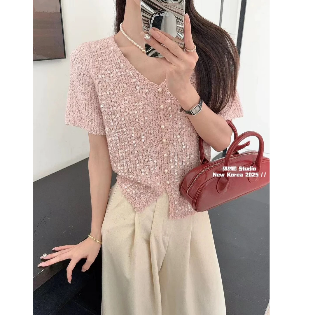 夏季新款洋气百搭v领珍珠扣重工亮片针织衫上衣女慵懒风垂感开叉