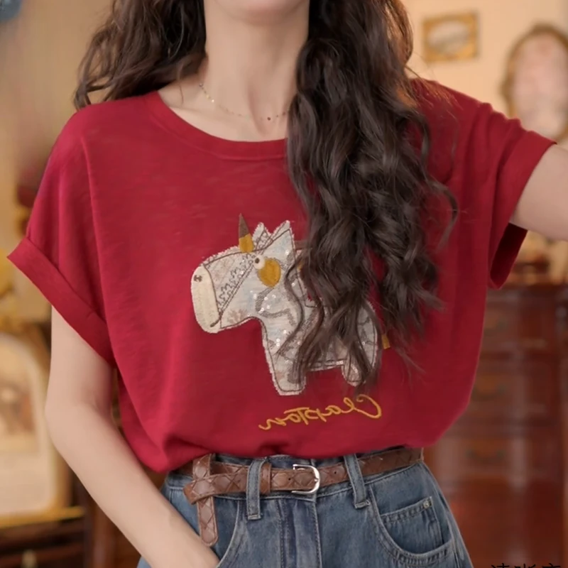 【线条小马】2025夏季复古港风夏季短袖T恤休闲宽松上衣LK2504551