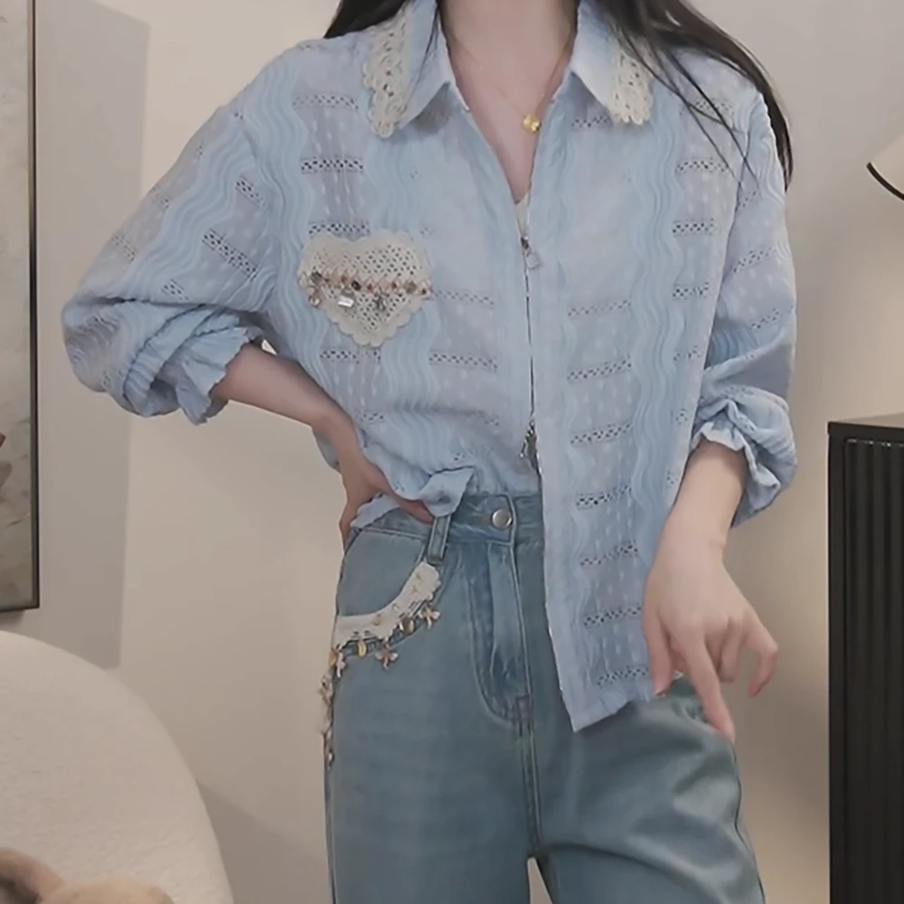 高级蕾丝拼接衬衫长袖时尚夏季小众设计感百搭休闲宽松