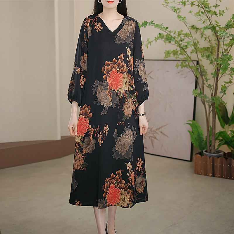 春夏季新款显瘦印花牡丹V领A字版型时尚百搭中长款连衣裙女长袖