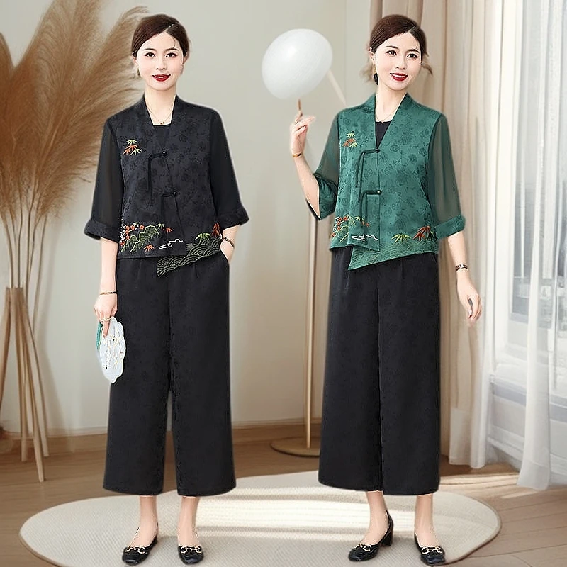 妈妈款夏装国风中袖短款刺绣盘扣流苏t恤阔腿裤套装女三件套唐装