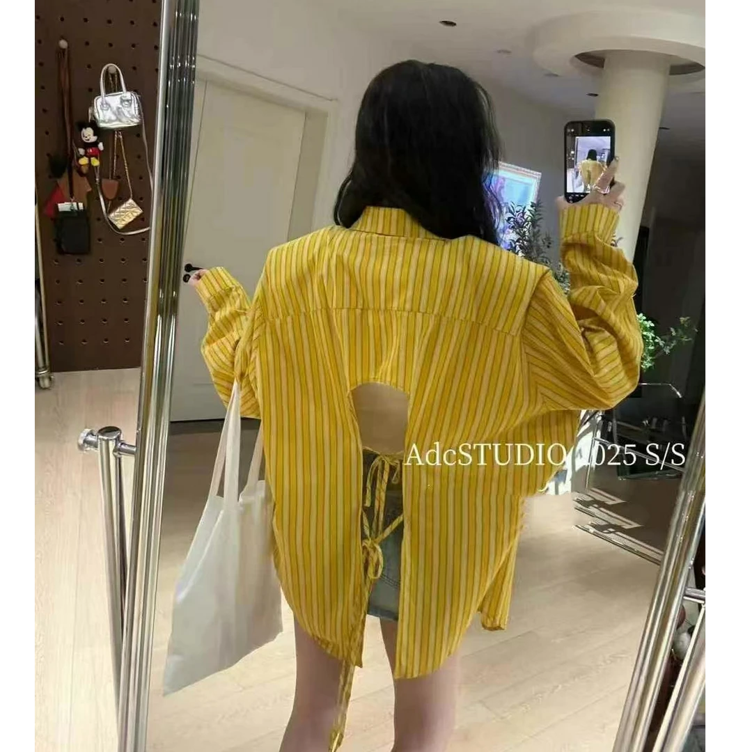 悠悠宽松显瘦百搭条纹长袖衬衫女休闲中长款露背衣服衬衣出行