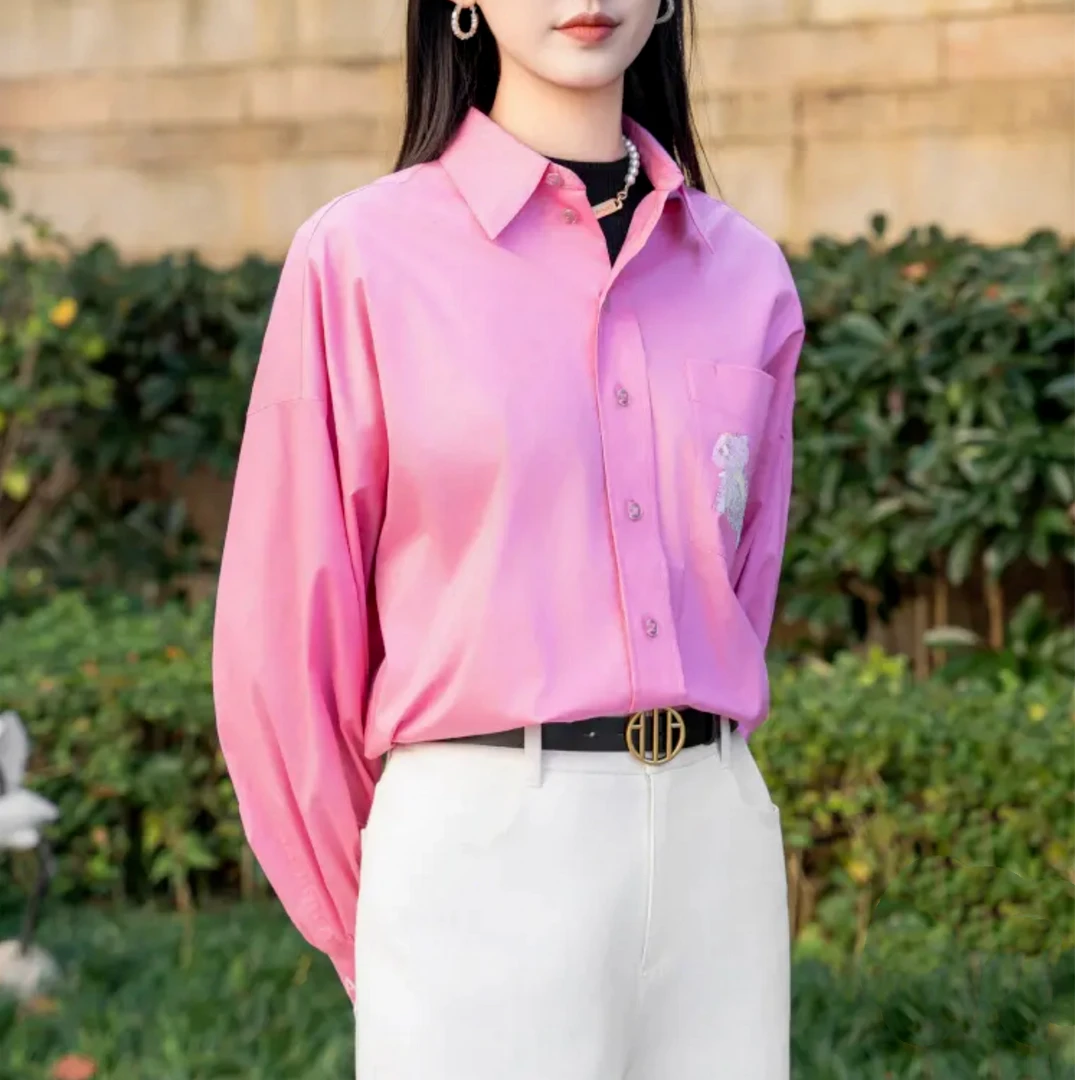 AMASS/阿玛施 早秋新款 炫彩龙系列质感粉色小众廓形衬衫5301081