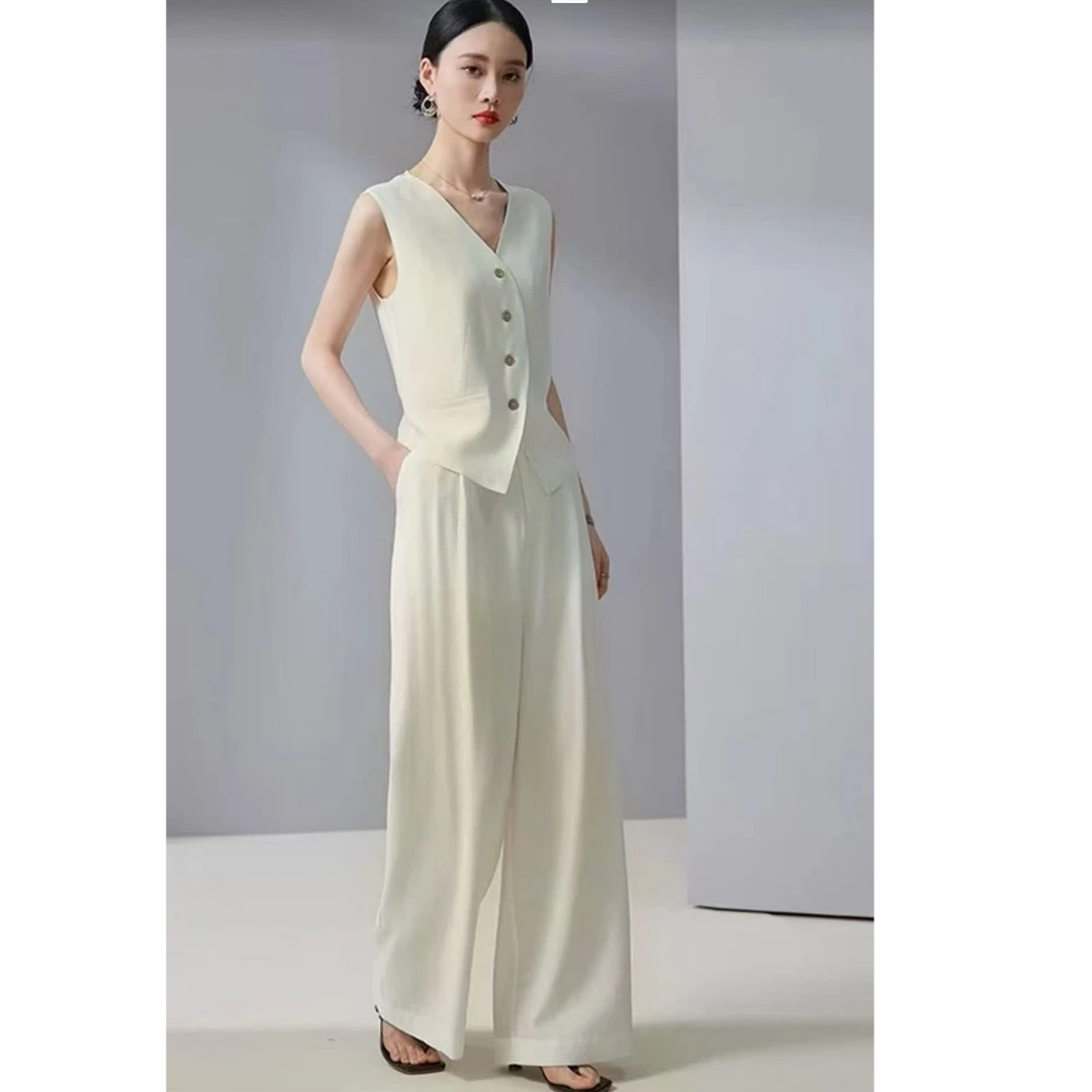 【柒柒】老钱风亚麻套装女夏季25新款薄款马甲+阔腿裤两件套-送丝巾