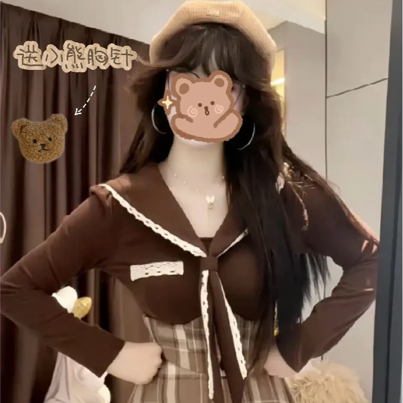 【咖啡小熊三件套】法式海军领蝴蝶结修身上衣+毛呢格子束腰裙套装1