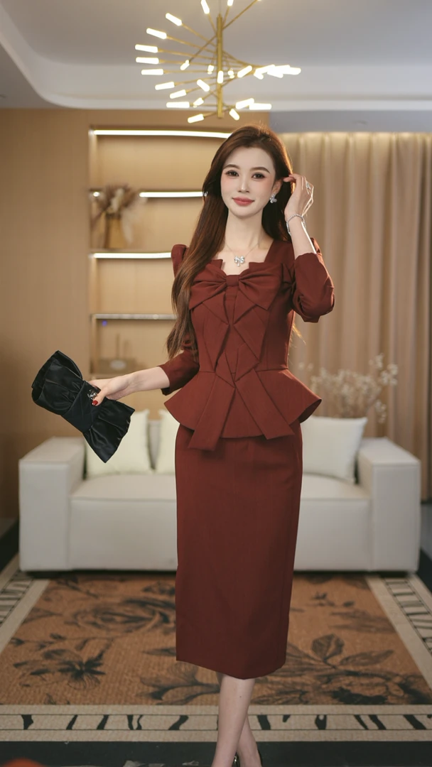 罗曼定制 原创设计红色气质名媛通勤秋季时尚上衣+半身裙套装