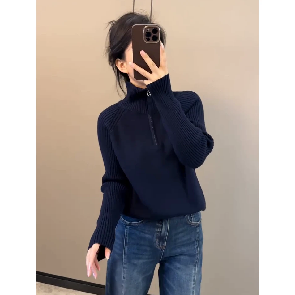半拉链立领坑条针织衫女2025秋季新款时尚洋气宽松显瘦毛衣上衣