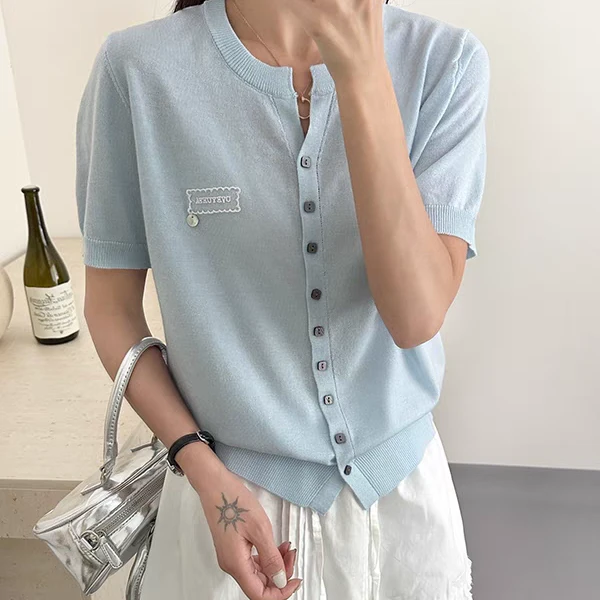 【101-303】短袖夏季薄款毛针织衫女装显瘦开衫简约百搭宽松纯色