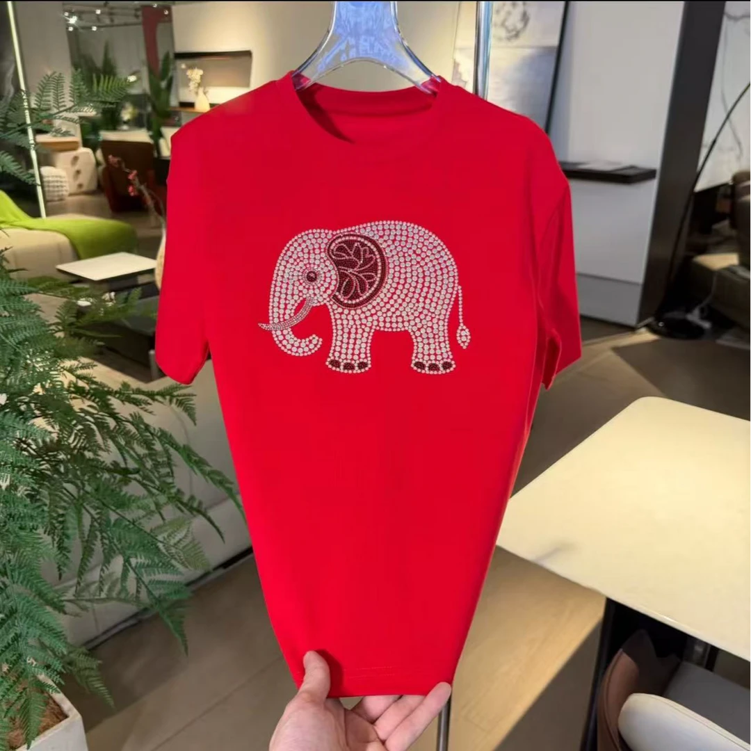 时尚圆领休闲红色潮流半袖百搭印花烫钻大象卡通冬季加厚镶钻