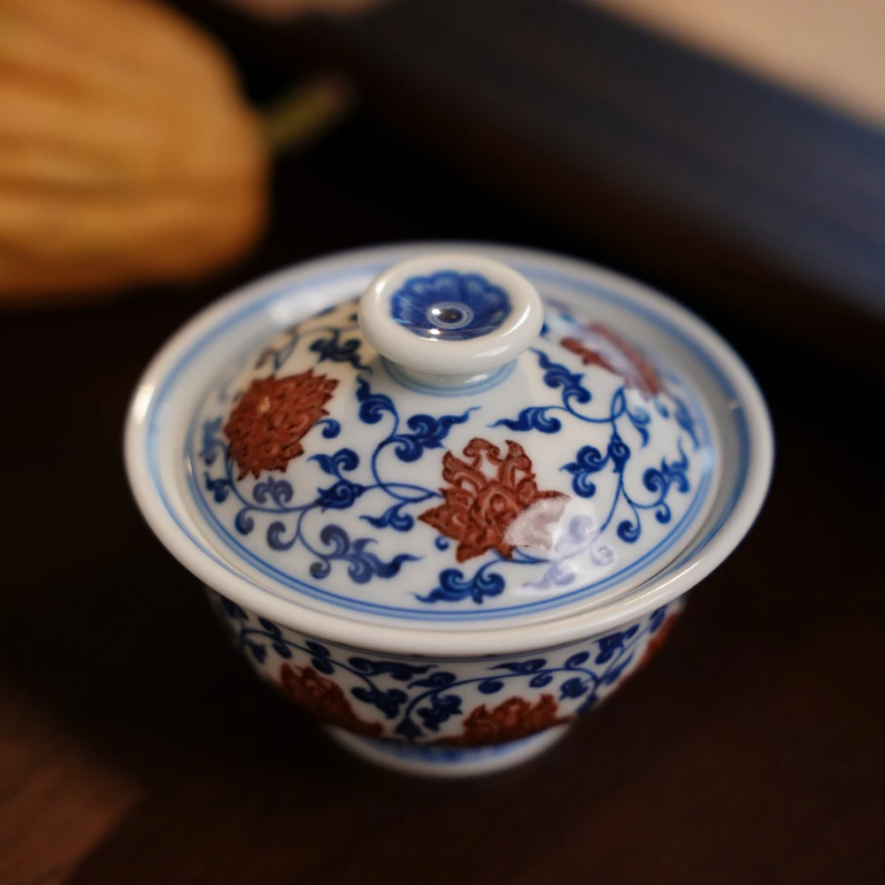 永明尚玩青花釉里红青花心元宝盖碗